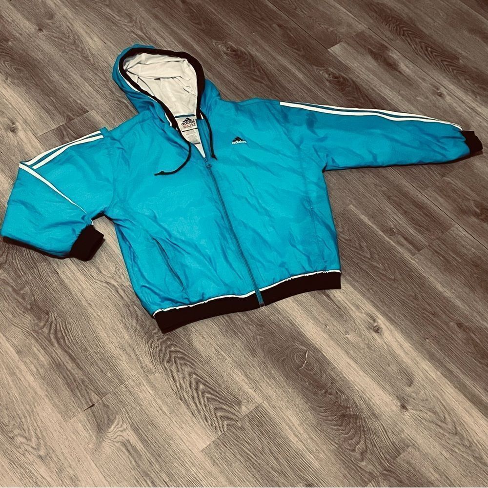 Adidas 90's Vintage Drop Shoulder Jacket Aqua Black Mountain Logo 3 stripe XL